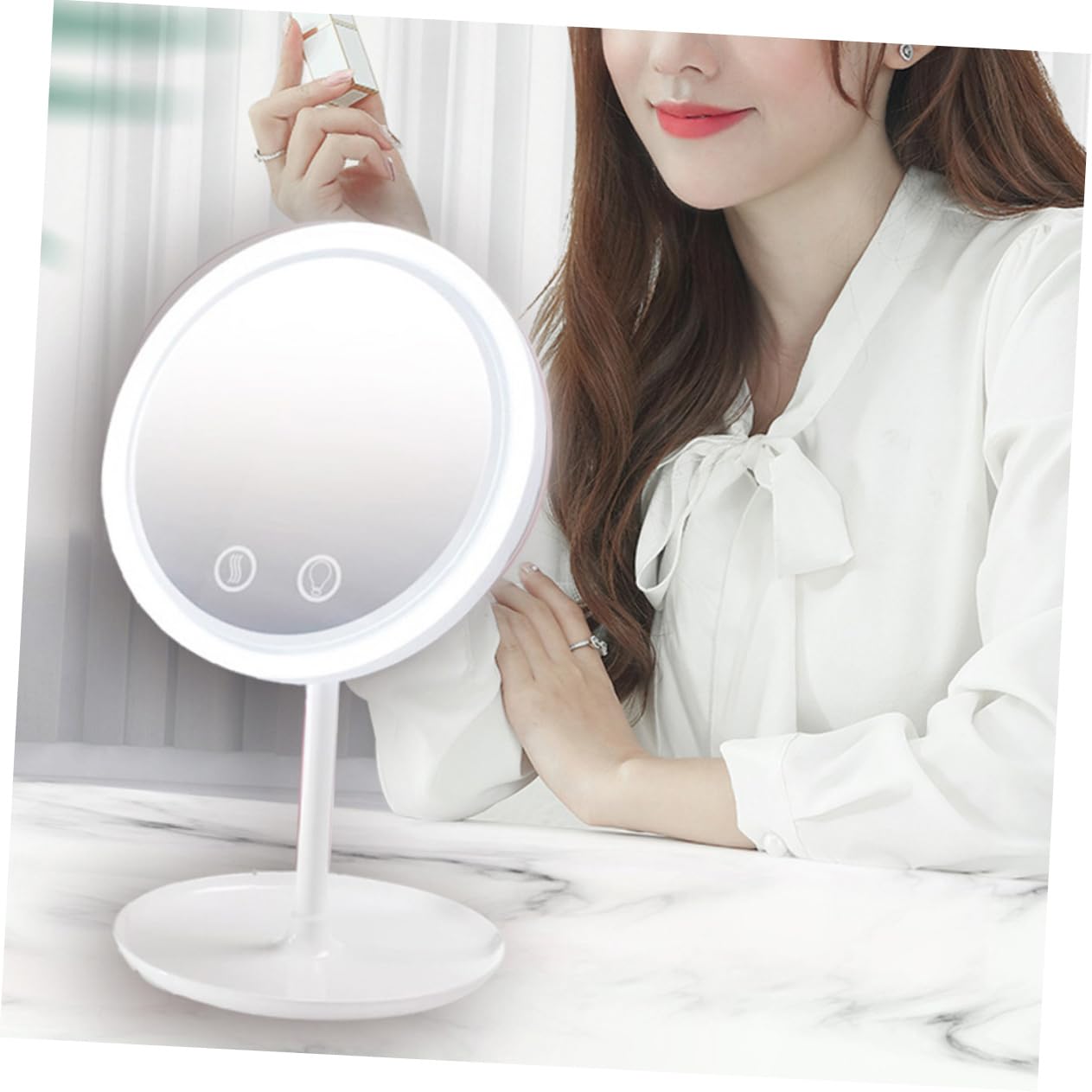 Specchio Trucco da Tavolo LED Rotante 180° con Base Stabile | Abs Bianco, Design con Ventilatore Integrato, Festa Estiva, Uso in Camera da Letto e Soggiorno
