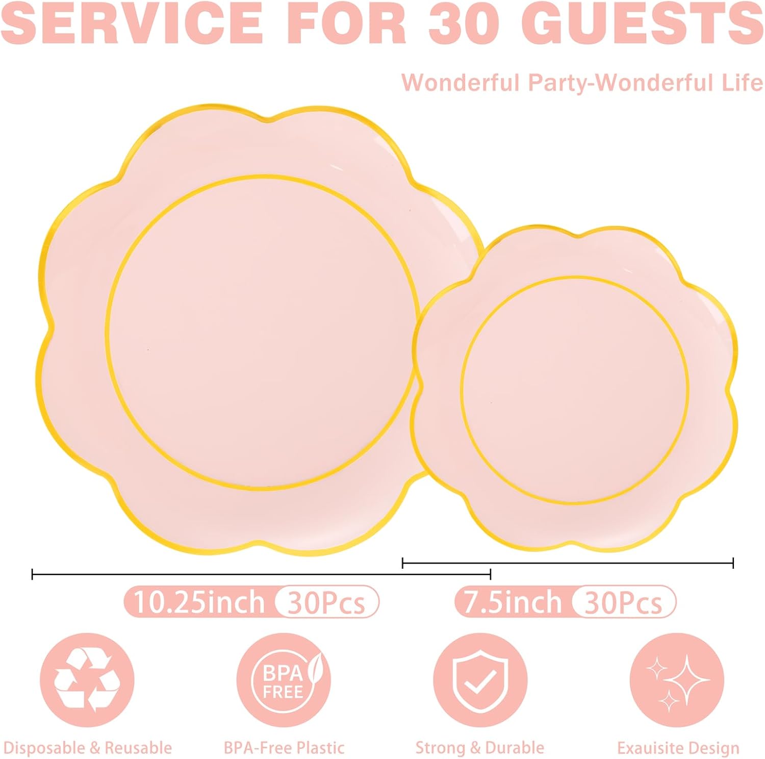 WONDERFUL 60pcs High-End Pink Plastic Plates - Disposable Heavy Duty Pink Plates with Gold Rim Plastic Disposable Plate for Party Wedding/Galentines/Valentines/Upscale Banquet Suitable for 30 Guests - Image 9