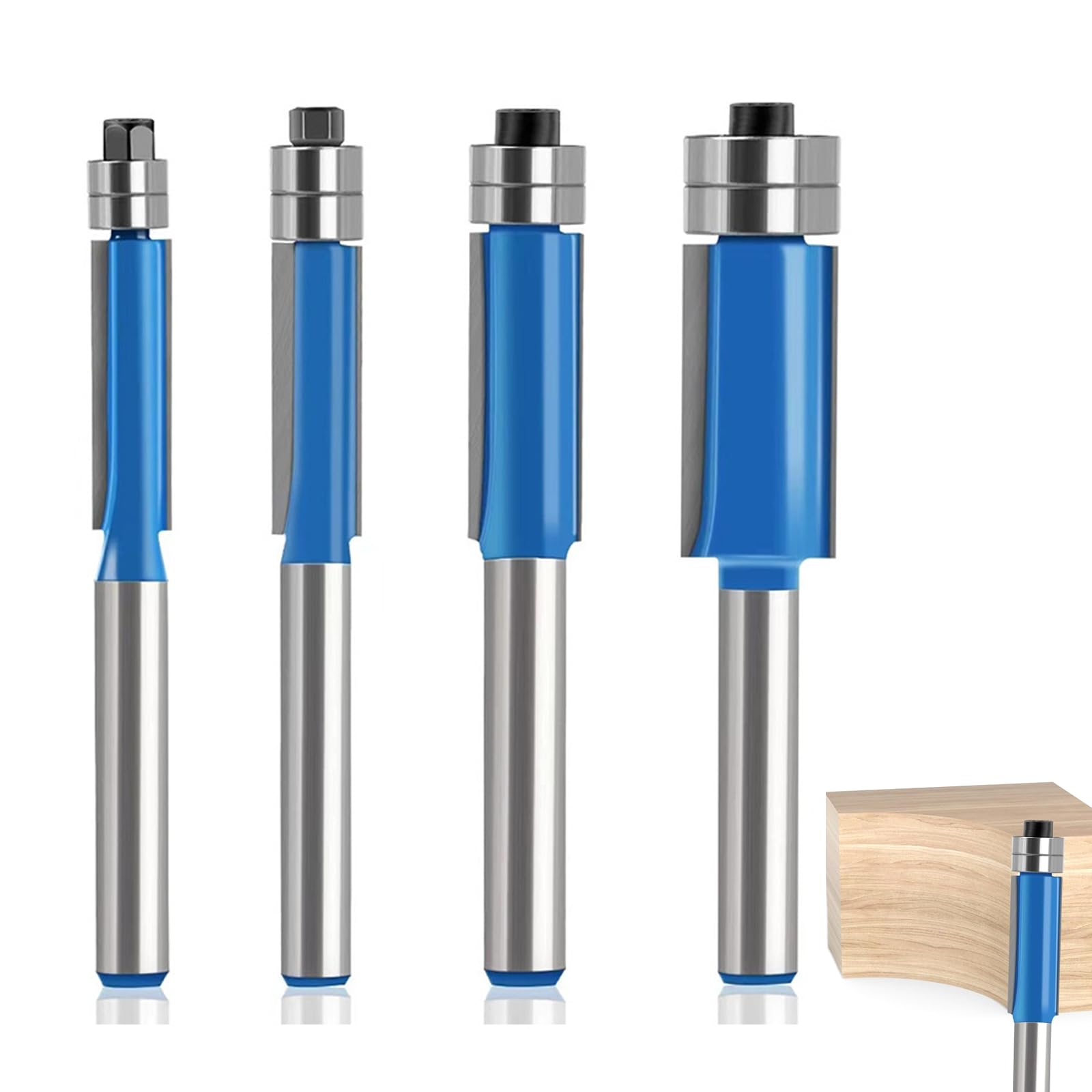 Router Bits 1/4 Shank, 4 Pcs Flush Trim Router Bit Set, Cutting Diameter 1/4", 5/16", 3/8", 1/2"