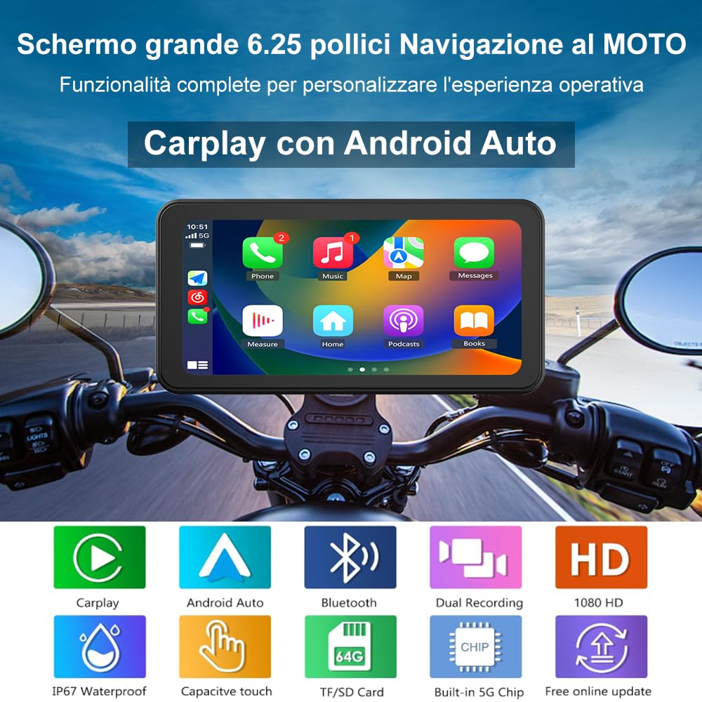 AWESAFE CarPlay Moto, 6,25 pollici Wireless CarPlay Android Auto con DashCam frontale 2K