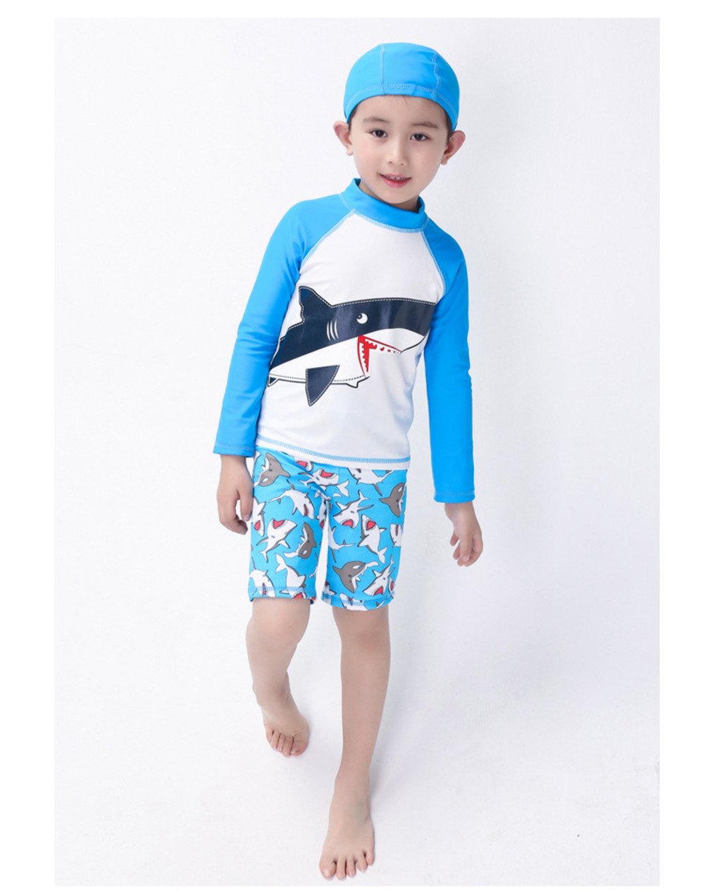 Monvecle Boys' 3-Pieces Long Sleeve Protective Rashgurad Swimsuit Set with Swim Cap UPF 50+ White 7-8Y