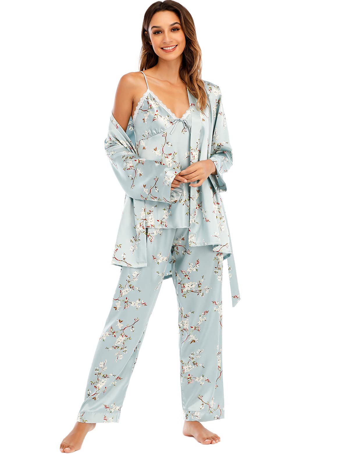 Escalier Women's Silk Satin Pajamas Set 3 Pcs Floral Silky Pj Sets Sleepwear Cami Nightwear with Robe and Pants (Blue Floral, Medium)