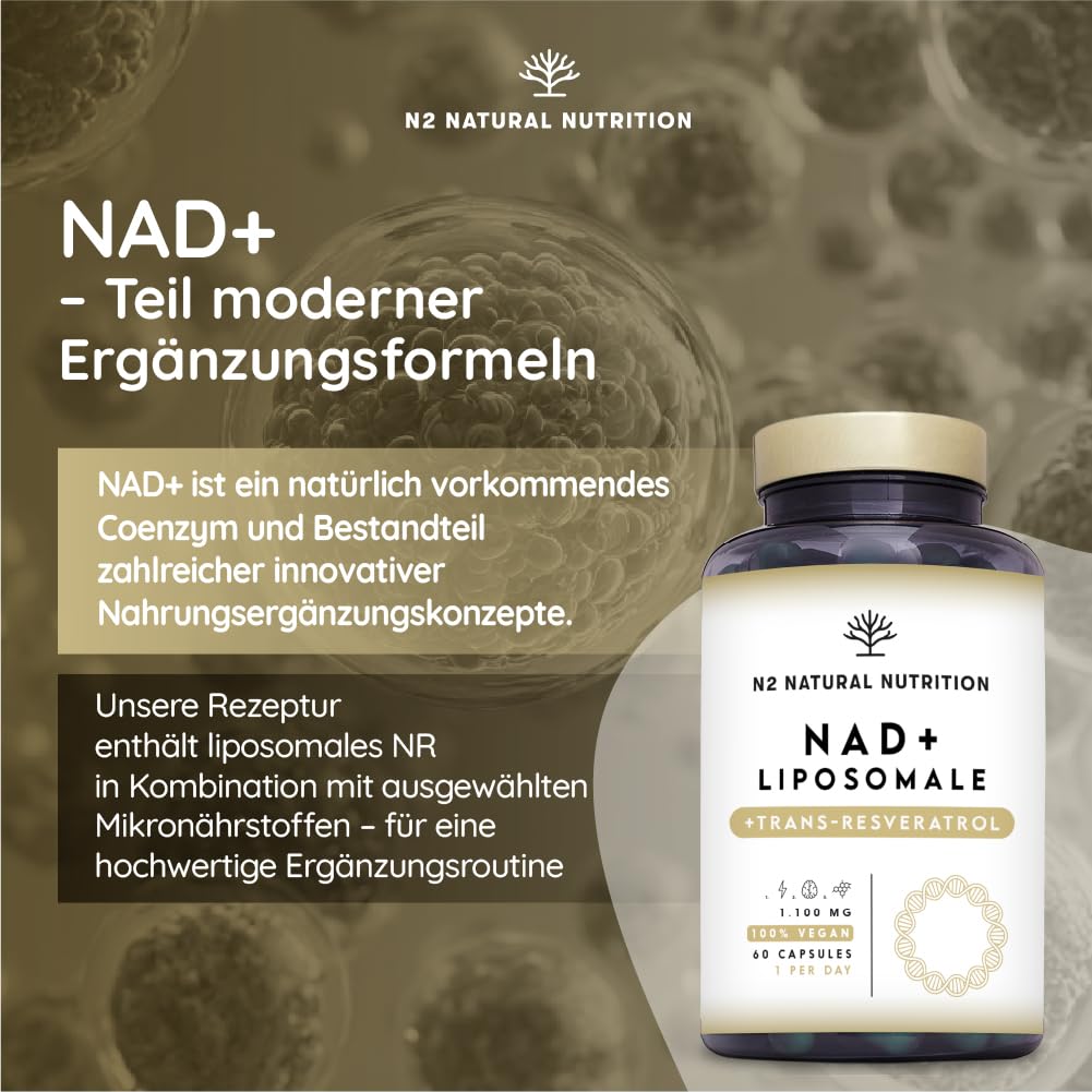 NAD Plus Resveratrol Kapseln 1100mg. Liposomal formel mit Nicotinamide Riboside, Niacin und Vitamin E. N2 Natural Nutrition