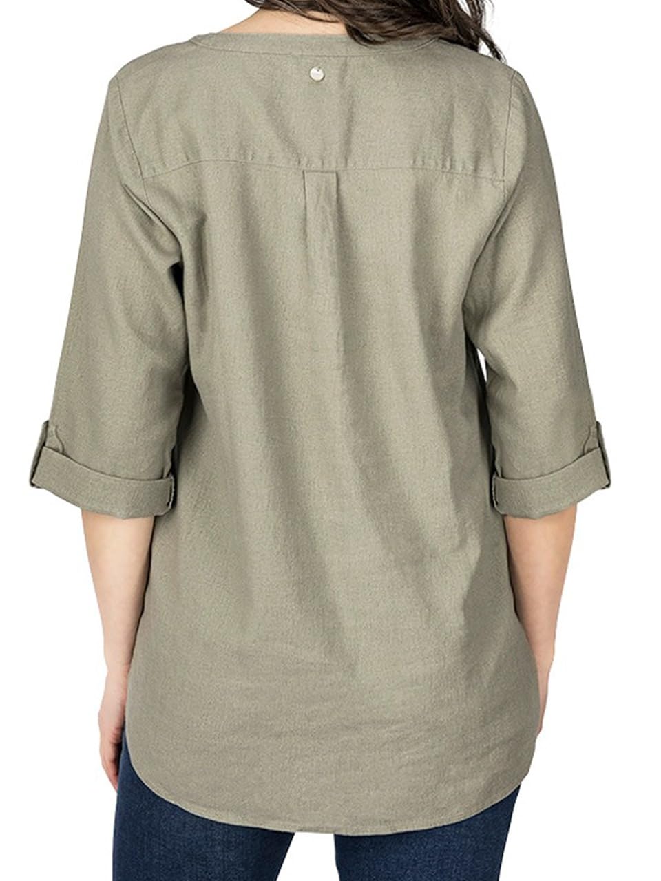 DENIMFY Lniana bluzka damska na lato, lekka, regularny krój, lniana bluzka z rękawami 3/4, dekolt w serek, jednokolorowa, biała, beżowa, zielona, S, M, L, XL, XXL