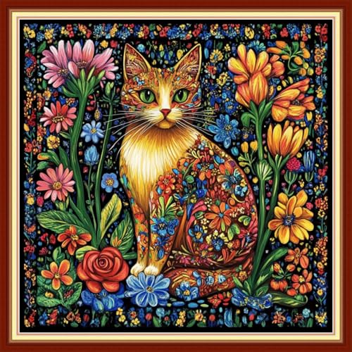 Image of Magxvouy Cross Stitch Kits Stamped Full Range of Embroidery Kits,Cross Stitch Patterns Needlework Kits for Beginners 11CT Printed Kits&Colorful Flower Cat 18x18 inch