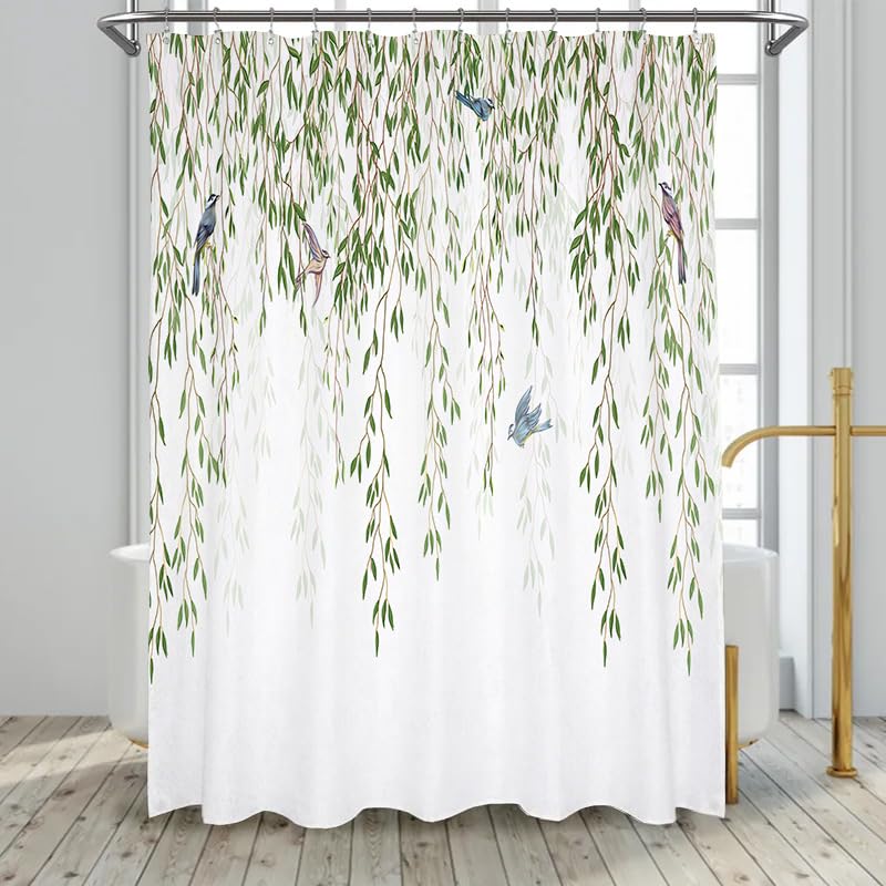 FLCSIed Eucalyptus Leaves Birds Shower Curtain for Bathroom Green Spring Botanical Plant Bathtub Decor Nature Waterproof Polyester Fabric Set including 12 Hooks 72x72 Inch (Green leaves with birds)