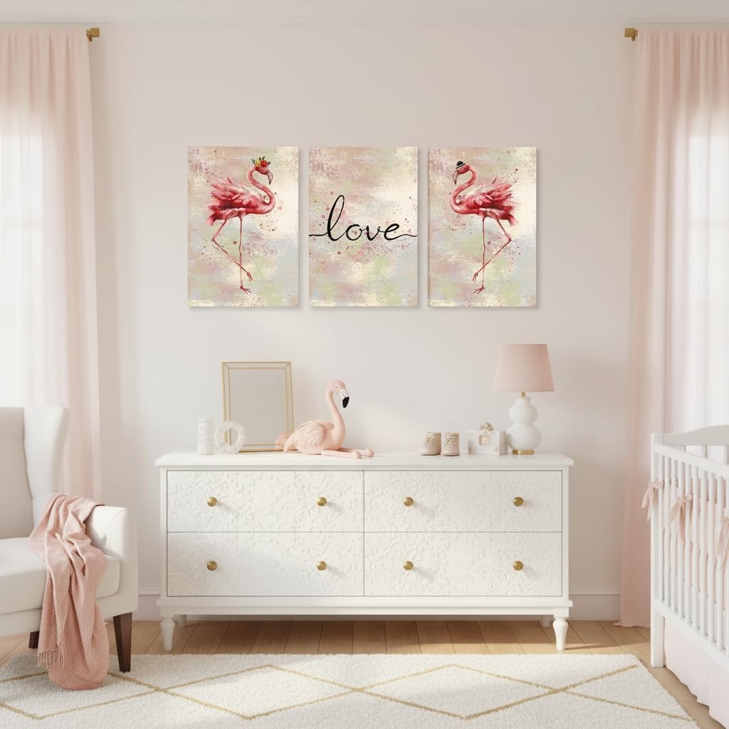 Conipit Flamingo Canvas Wall Art for Living Room Pink Picture Prints Love Artwork Romantic Flamingo Painting Wall Decor Framed Ready to Hang 12''x16''x3 Panels