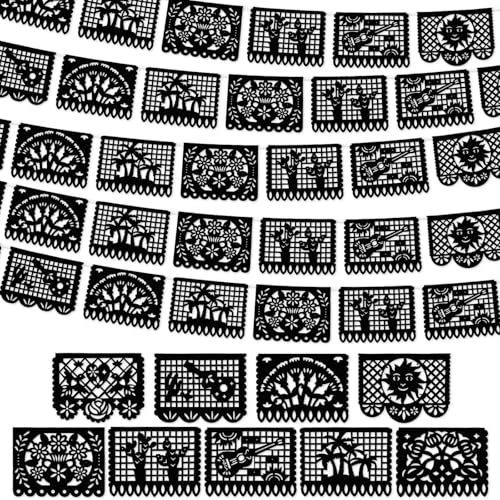 Image of VitalCozy 4 Pack 59 ft Mexican Papel Picado Banner Plastic Mexican Talavera Party Fiesta Banner Wedding Hanging Decorations for Cinco De Mayo Cielito Lindo Party Supplies(Black)