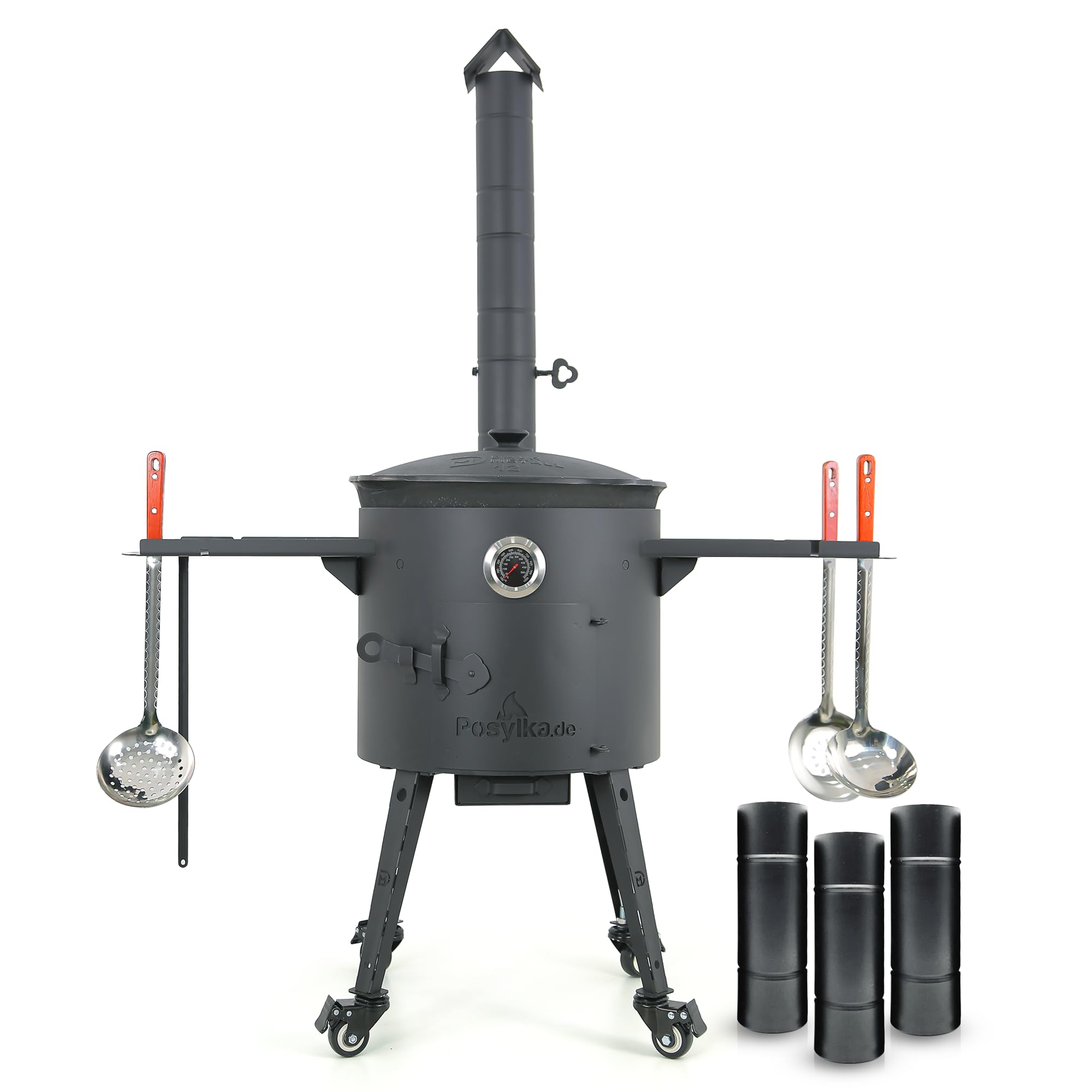 Utschak Feuerofen Ø 40cm mit Kazan Gusseisen 12L, Ø 42,5cm Kasan-Set mit Deckel Feuerschale Gulaschkanone