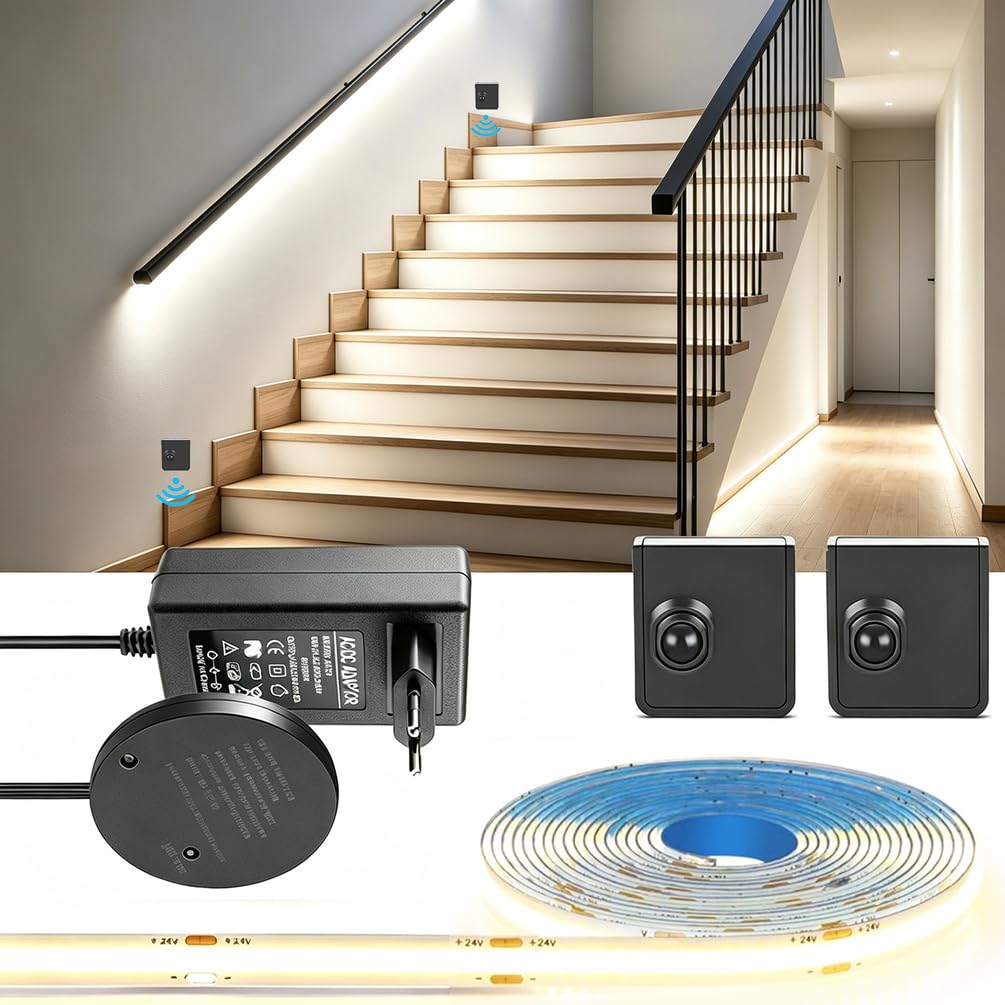 OOWOKS Tira LED con 2 sensores de movimiento 24V COB 320 LED/m 3000K blanco cálido Tiras LED autoadhesivas con fuente de alimentación Iluminación para escaleras Luz activada por movimiento,6000k,5M