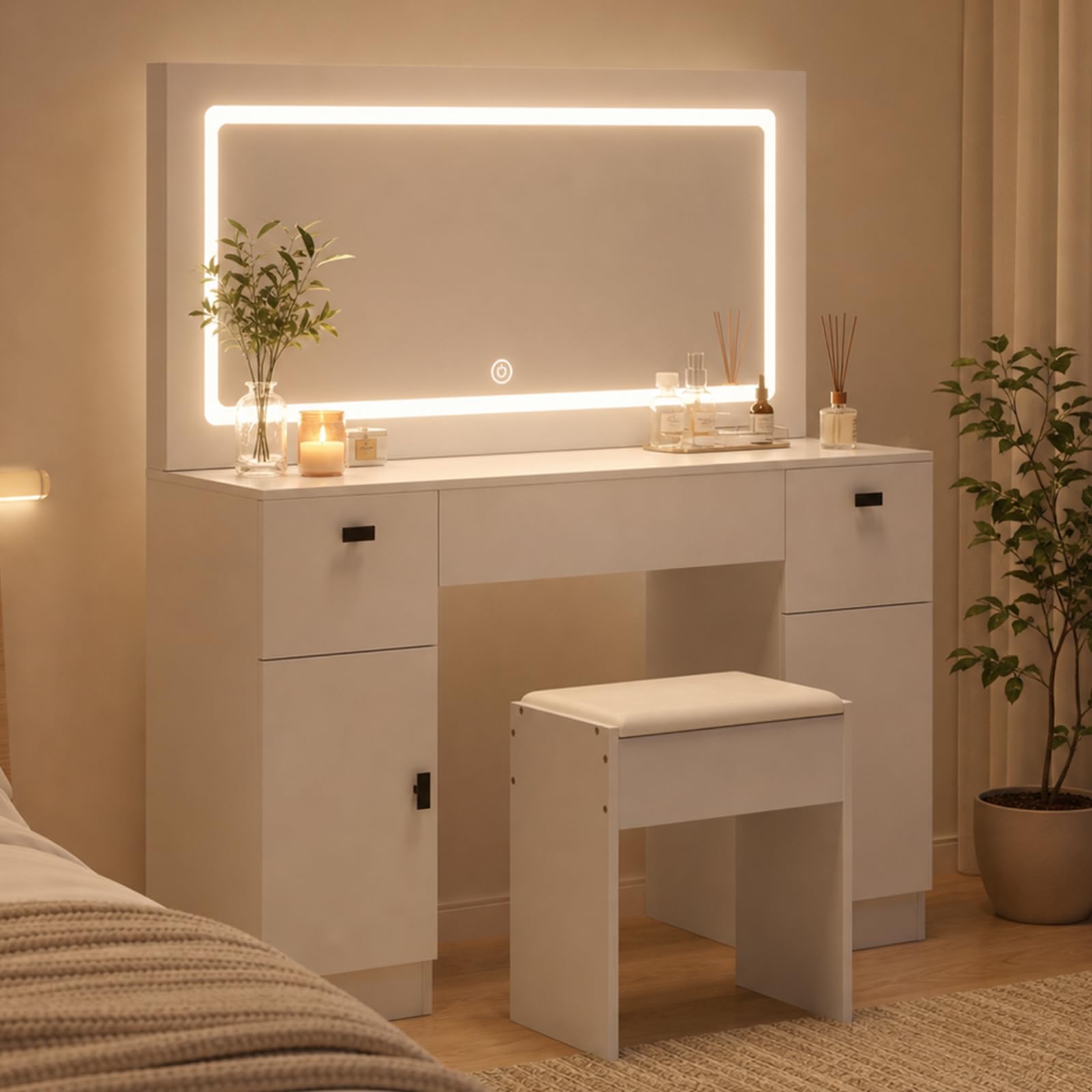 Tavolo da toeletta con illuminazione, sgabello e 3 cassetti, 2 grandi