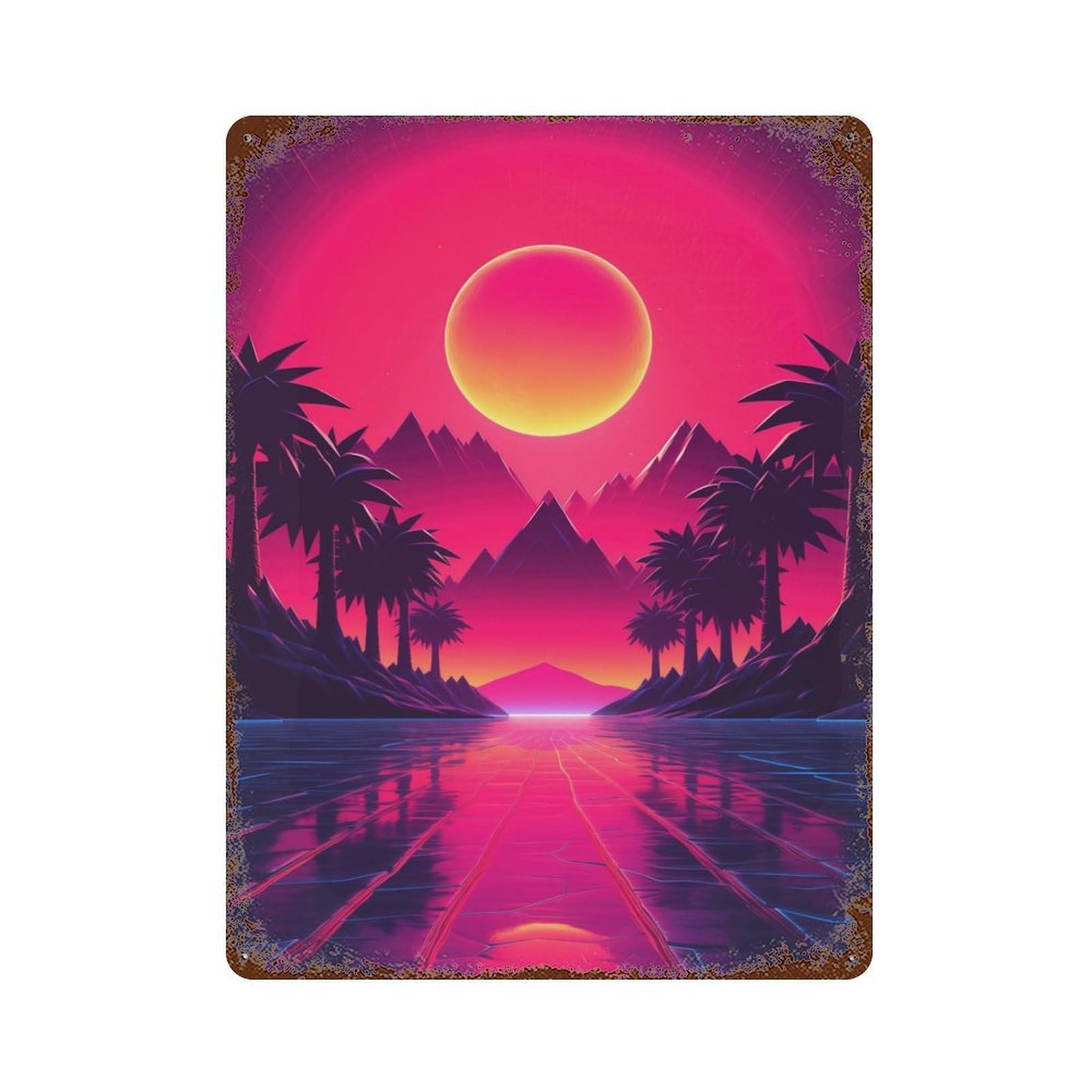 Synthwave Sunset Tropical Retro Metal Sign 15.7"x11.8", for Pub, Kitchen And Man Cave Decor, Retro Wall Decor