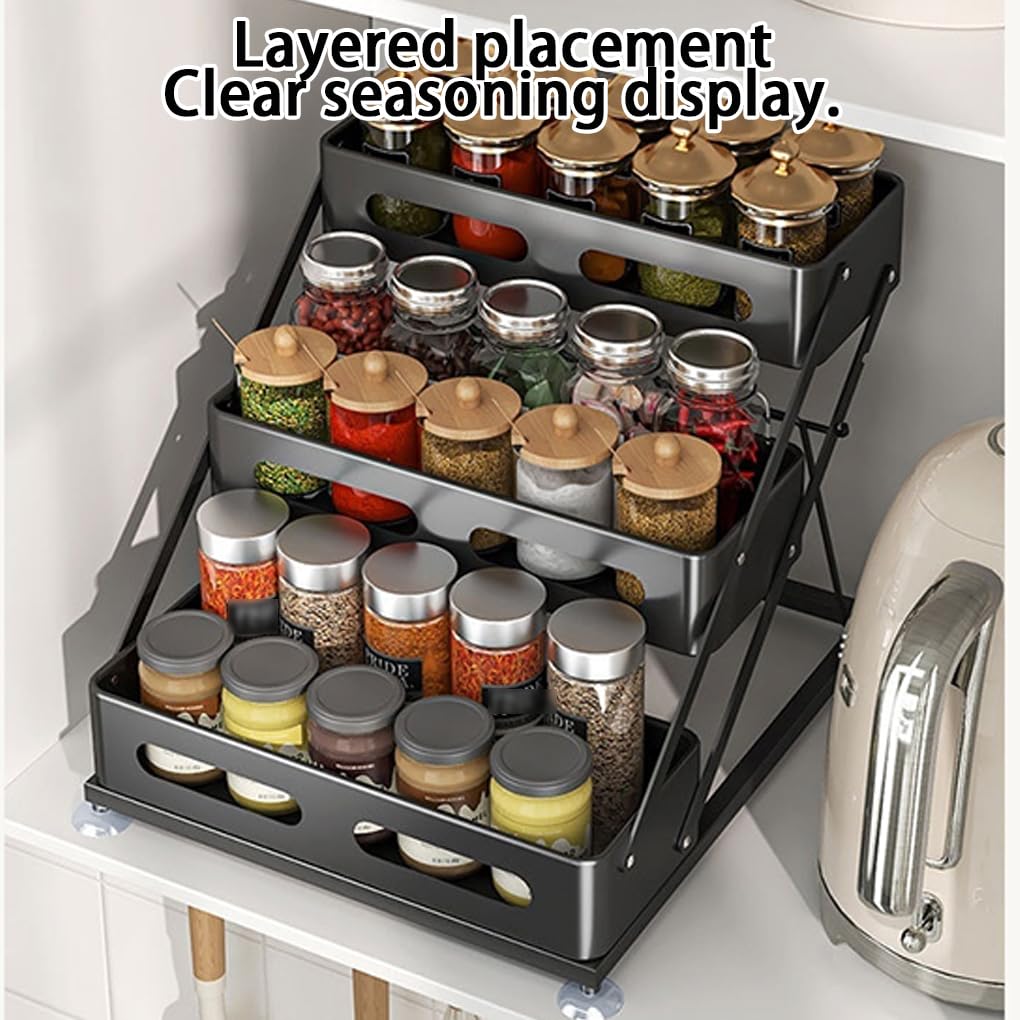 Porta spezie pieghevole a 3 livelli per piano di lavoro, organizer per spezie da cucina in, per armadietti, organizzatori e contenitori da cucina, Bianco, Rai guida regolabile