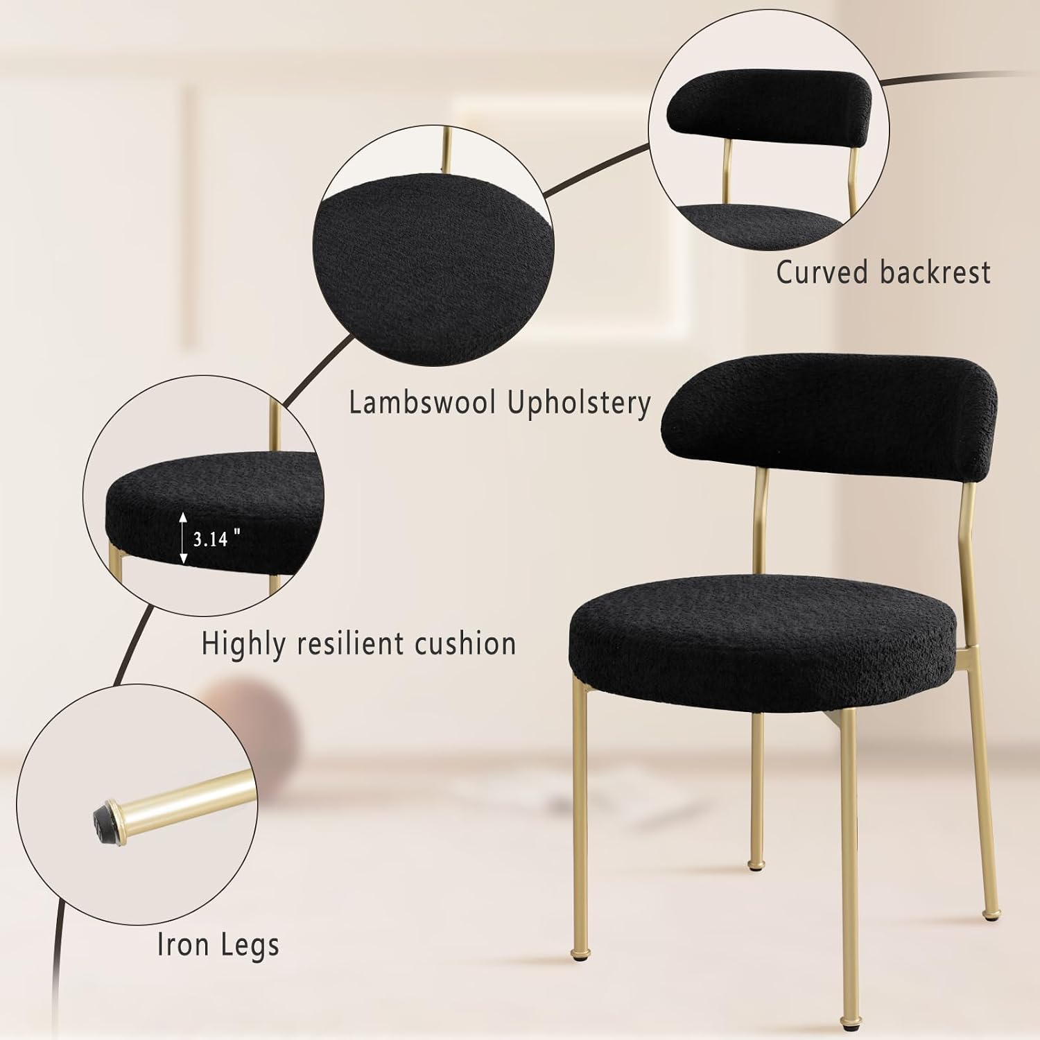 Black Boucle Dining Chair Set of 4,Modern Oval Lambswool Upholstered Dining Chairs,Sturdy and Comfy with Metal Legs,for Dining Room,Restaurant,Kitchen.(Gold Leg)