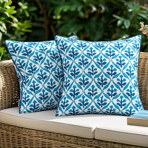 Image of MIULEE Pack of 2 Decorative Outdoor Waterproof Throw Pillow Covers Flower Print Chic Boho Accent Pillow Covers for Square Garden Patio Cushion 18x18 Inch, Navy Blue