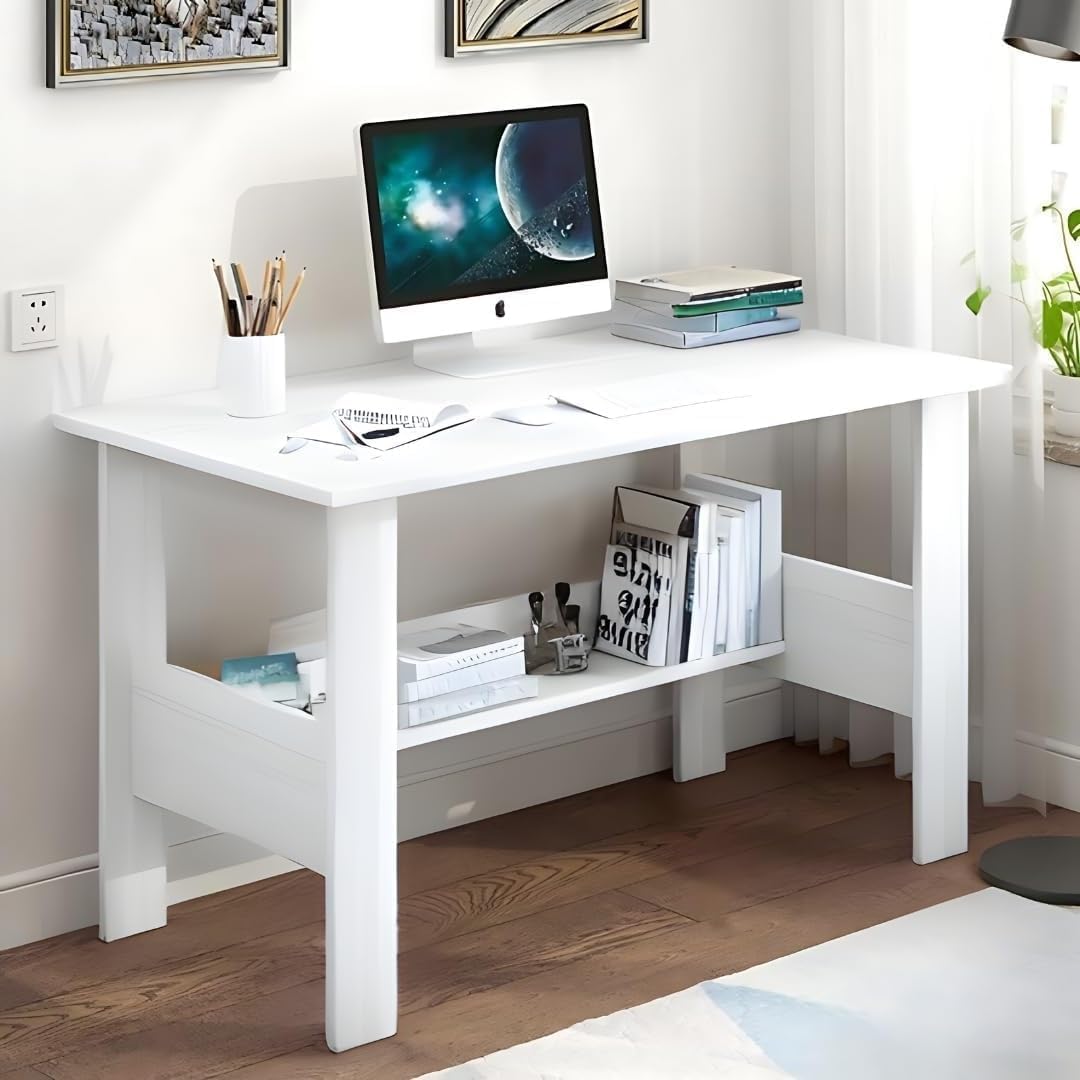 Callas ST-09 Wooden Study Table with Hutch & Bottom Storage -Office Table for Laptop, PC, Working, Drawing, Computer Table with Extra Storage Space for Decor-Home (White, ST-09)
