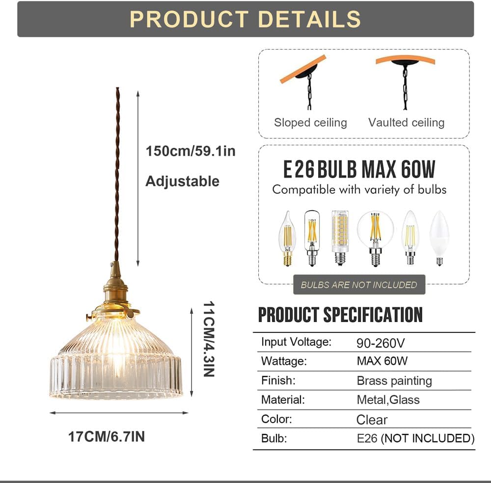 Vintage Glass Pendant Light Fixtures - Hanging Stripe Glass Pendant Light Gold Vintage Ceiling Light Fixture - Small Pendant Lighting for Kitchen Island Entryway Dining Room Hallway