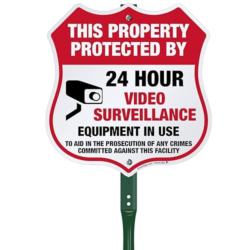 Miniatura 7 de SmartSign Letrero de patio con estaca de 3 pies, 10 x 10 pulgadas, con "Propiedad protegida por videovigilancia las 24 horas - Equipo en uso" con