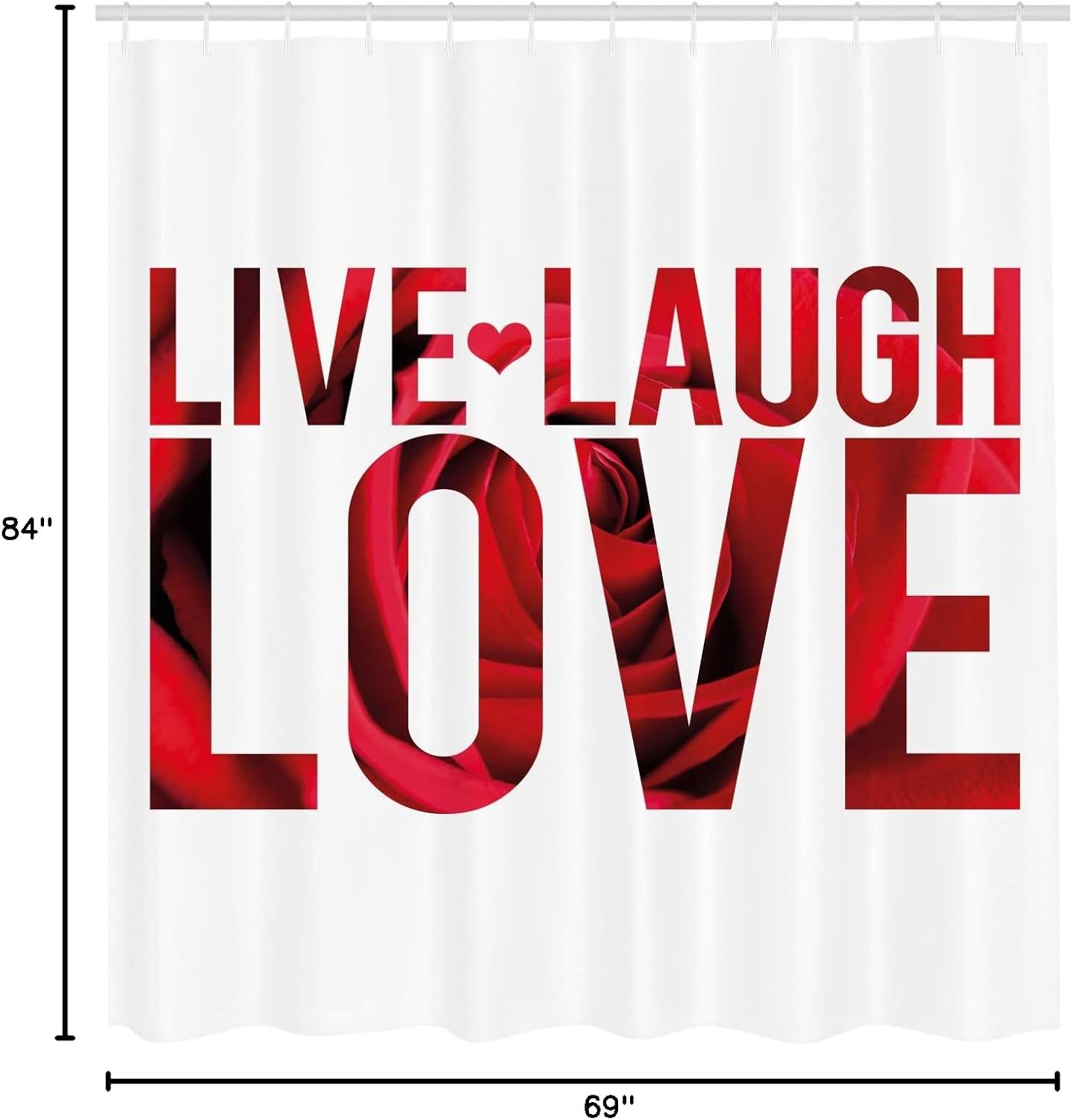 Ambesonne Live Laugh Love Shower Curtain, Typographic Montage Words Macro Rose Petals Texture Print, Cloth Fabric Bathroom Decor Set with Hooks, 69" W x 84" L, Red White and Black