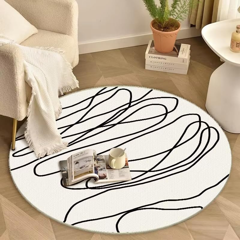 Tapis rond géométrique salon 150cm : style nordique minimaliste doux à courbes abstraites