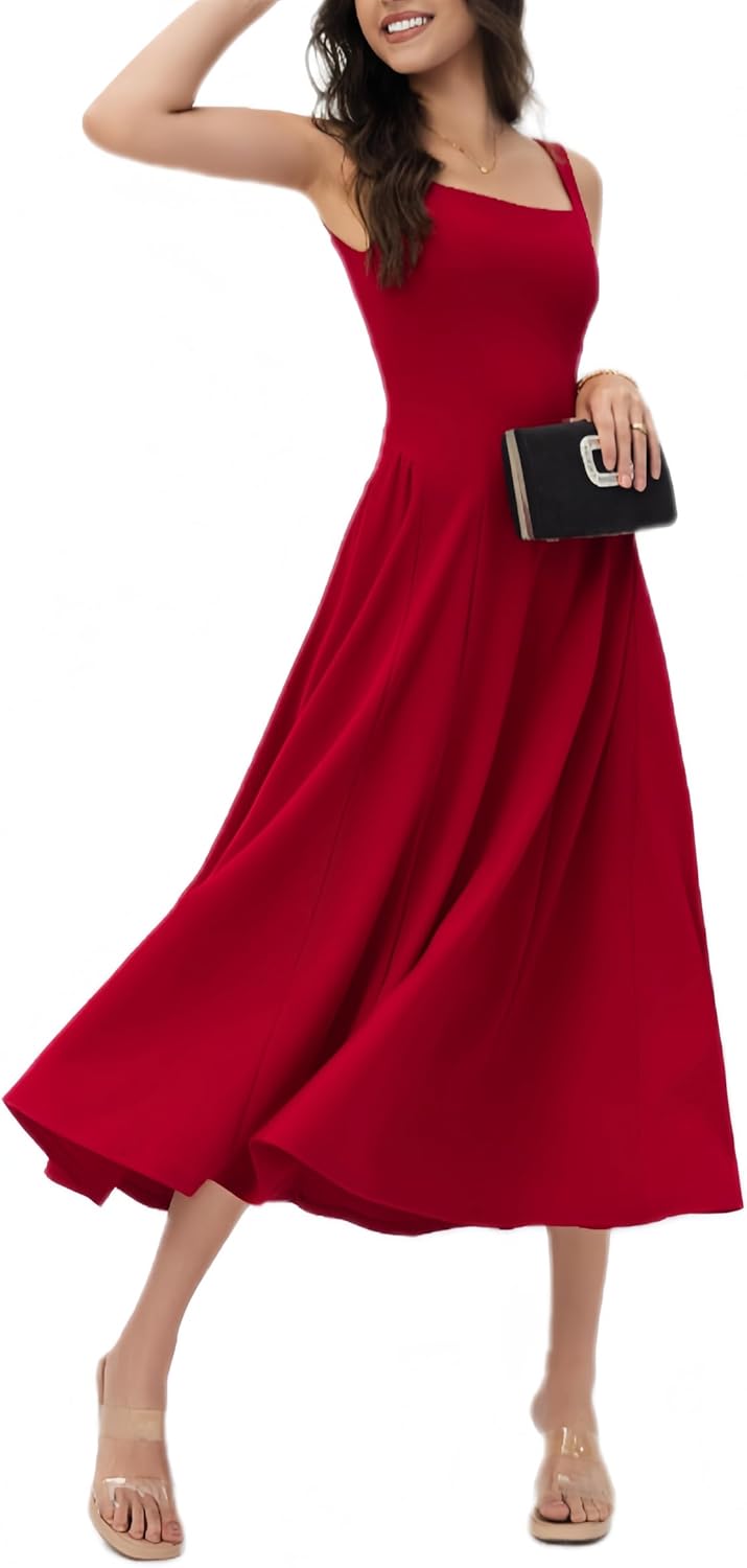 Women Square Neck Maxi Dress Slim Fitting Small Size Strappy Dress, Sleeveless Strap Long Dress for Women