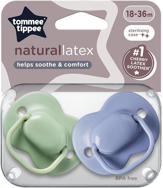 Close-up of the Tommee Tippee Cherry Latex Dummy, highlighting the natural latex baglet and textured surface.