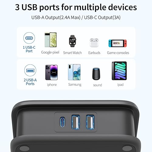 Miniatura 3 de NTONPOWER Cable de extensión plano, 8 tomas amplias, regleta de enchufe plano negro con 3 puertos USB (1 USB C), regletas de alimentación montadas