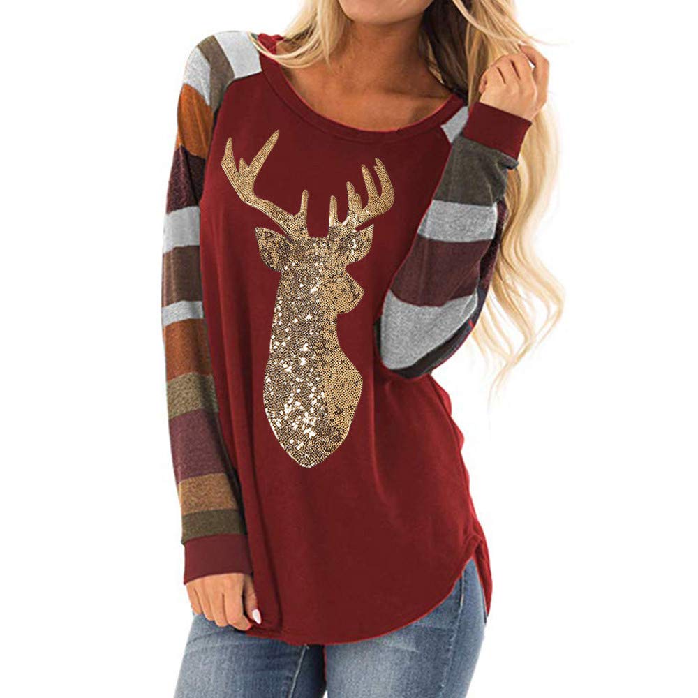 Womens Christmas Shirt Striped Sequin Reindeer Long Sleeve Cute Blouse Polo Tops
