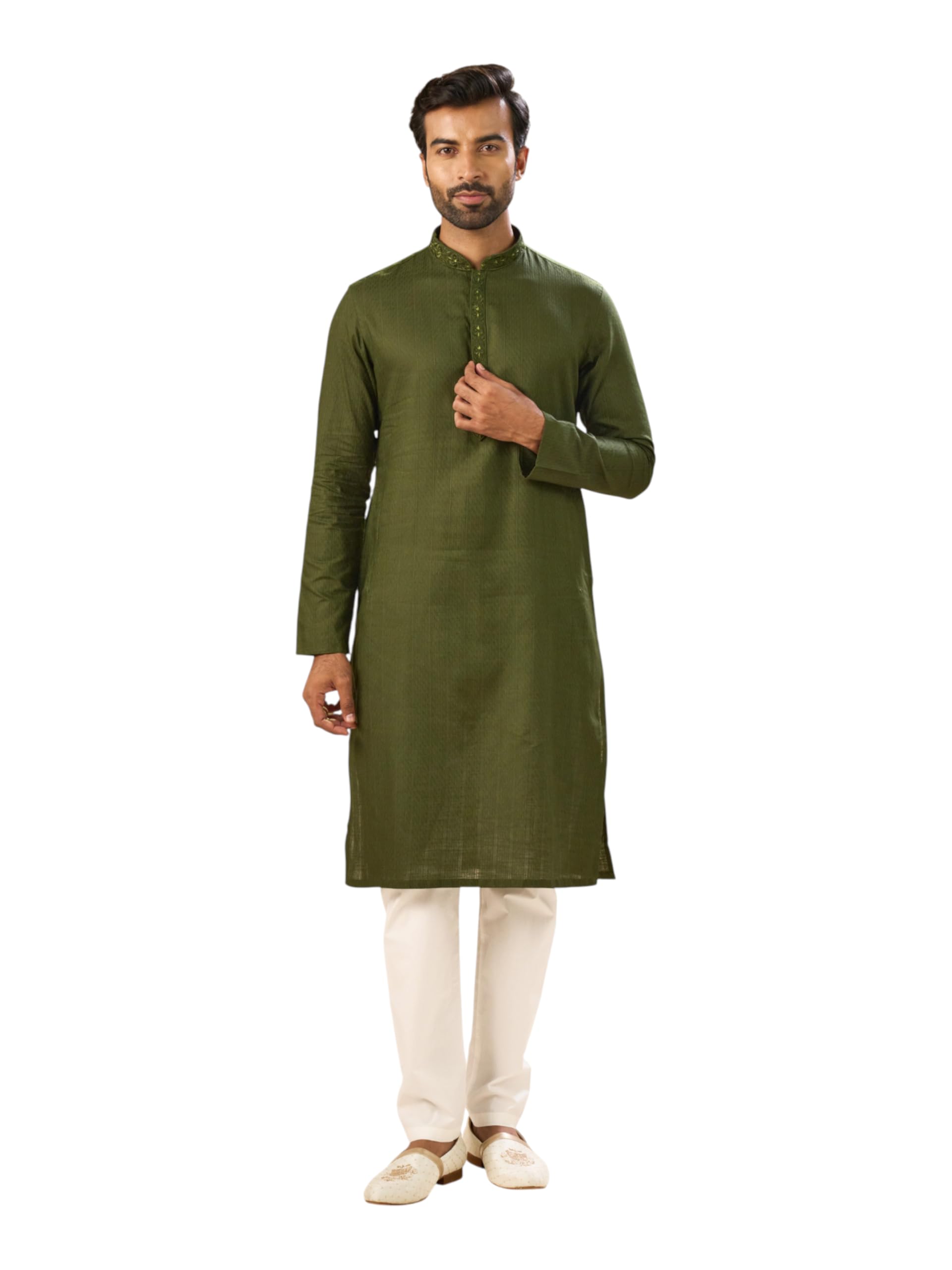 manyavar Men's Cotton Embroidered Jacquard Kurta Pyjama Set (2pcs)-picture-7