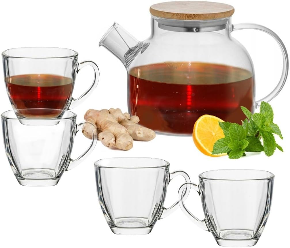 Voidrop- Transparent Teapot with cup-Glass Teapot set of 5 Stovetop SafeClear 4pc cup,1pc Teapots with Removable Filter Spout-Teapot for Loose Leaf and Blooming Tea