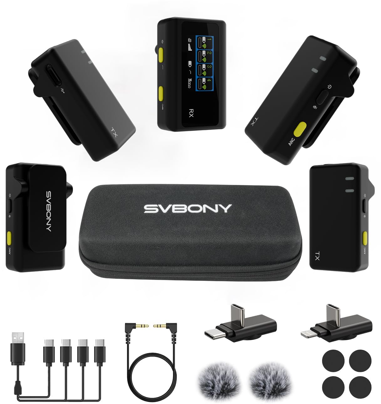 SVBONY SVMic D4 4 Microphone Lavalier Wireless, Microfono Wireless 2 in 1, Fino a 200M, Display Intelligente e Funzionamento a Doppia Modalità, Compatibile con IPhone, Android e Smartphone