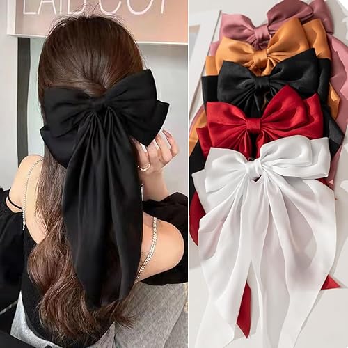 Premium Black Satin Hair Bows and Clips Set for Women & Girls - 5 PCS Bow-knot Hair Clip, Big Bows Claw Clips, Non-Slip Clip for Thick and Thin Hair - Black, white, burgundy, orange, pink