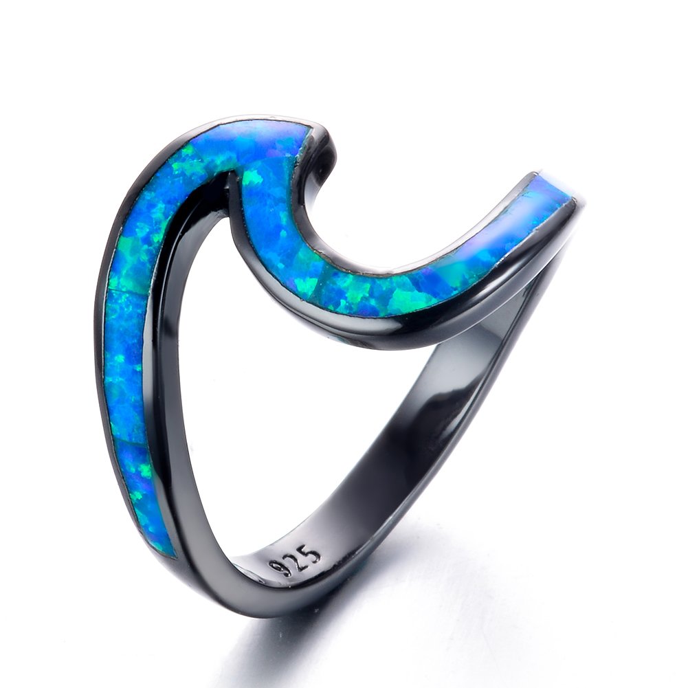 Chic 10KT Black Gold Plated Wave Ring , Blue Opal Wave Ring Show You a Different Style,Only For Girl Friend Gifts (6)