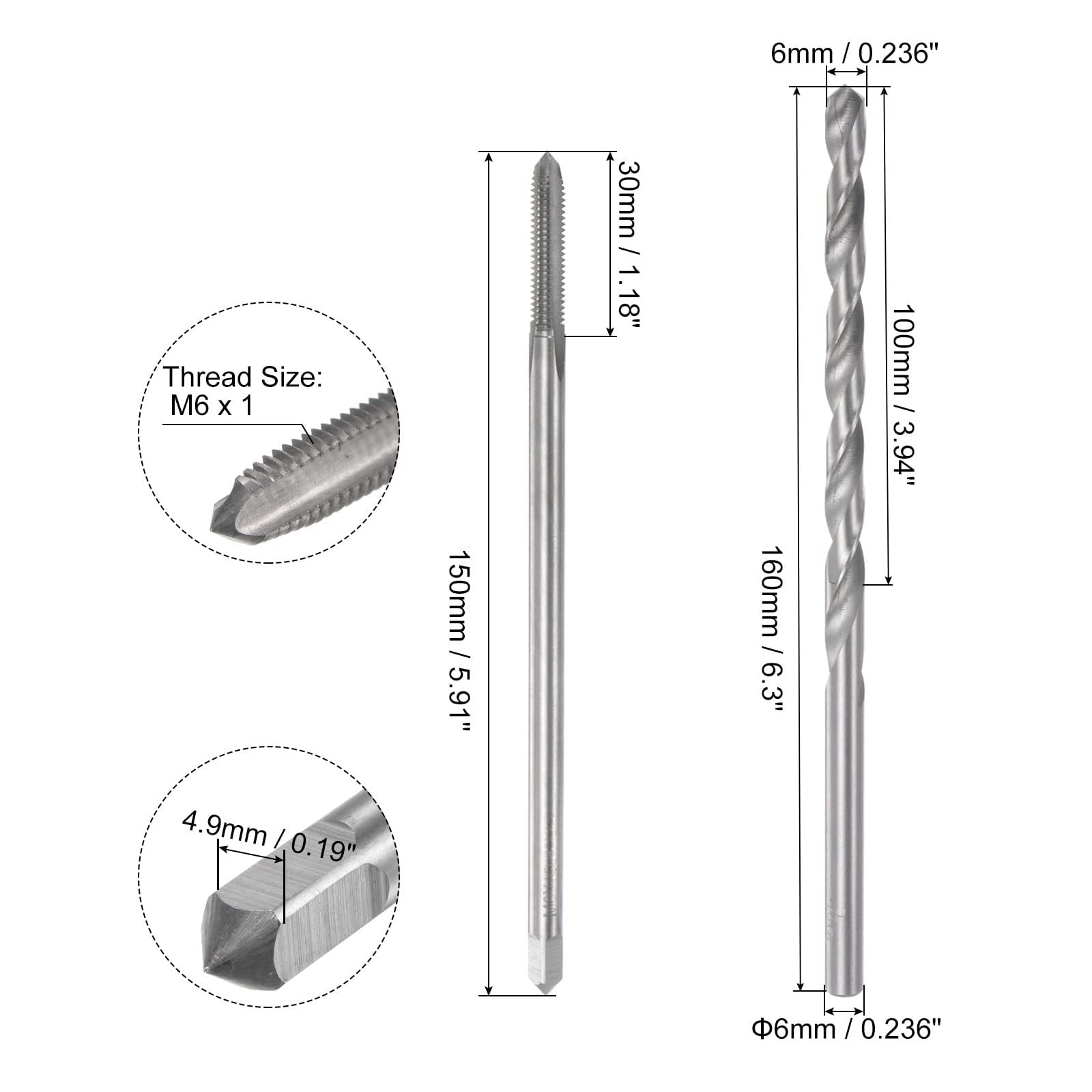TOP-VIGOR Tap & Bit Sets, M6 x 1 H2 Straight Flute Machine Thread Milling Tap 150mm Extra Long - Image 2