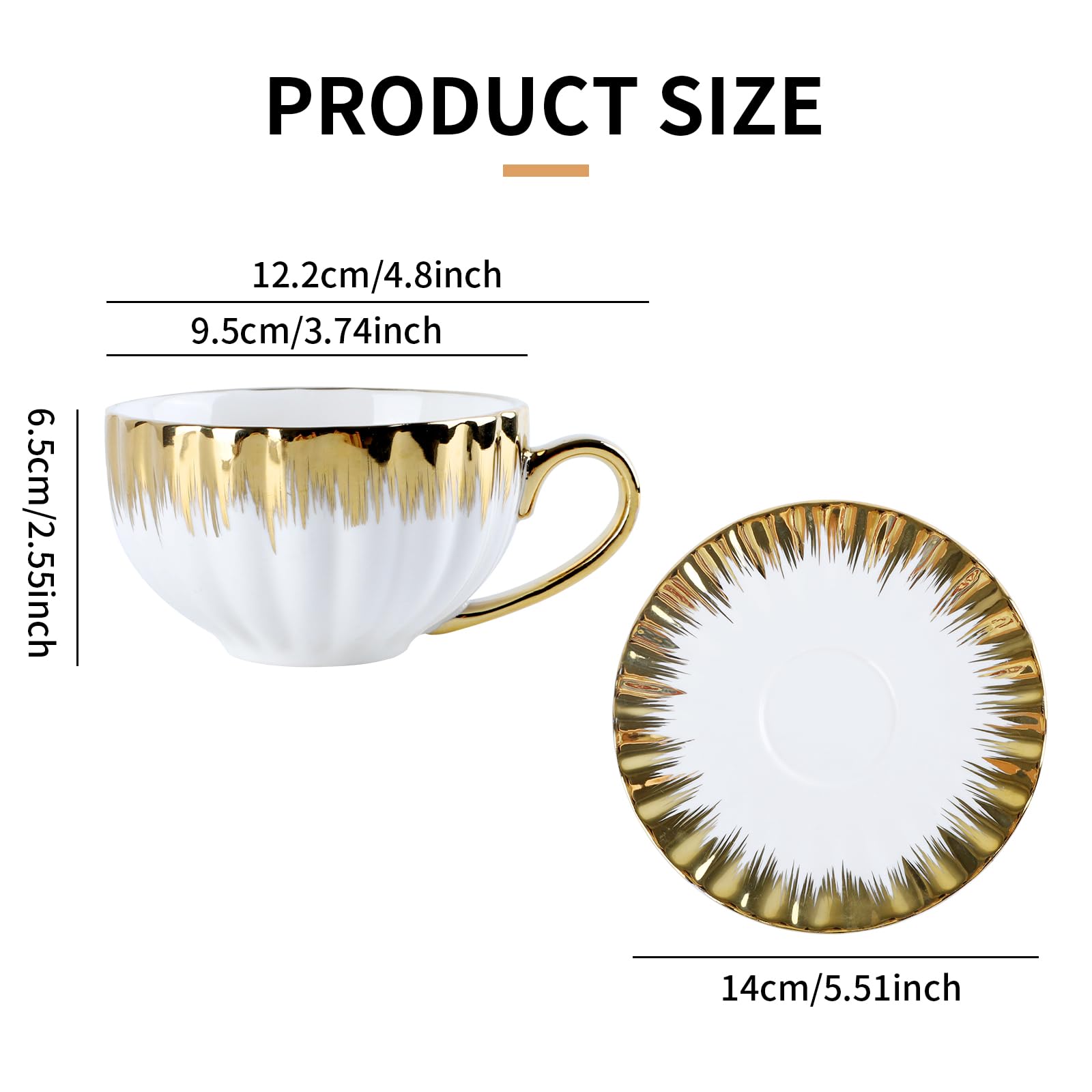 Teetassen und Untertassen, 6er Set (200 ml) mit Goldrand, Porzellan Cappuccino Tasse set, Mochatassen, Keramik Espressotasse, Kaffeeservice, Weiße Tasse