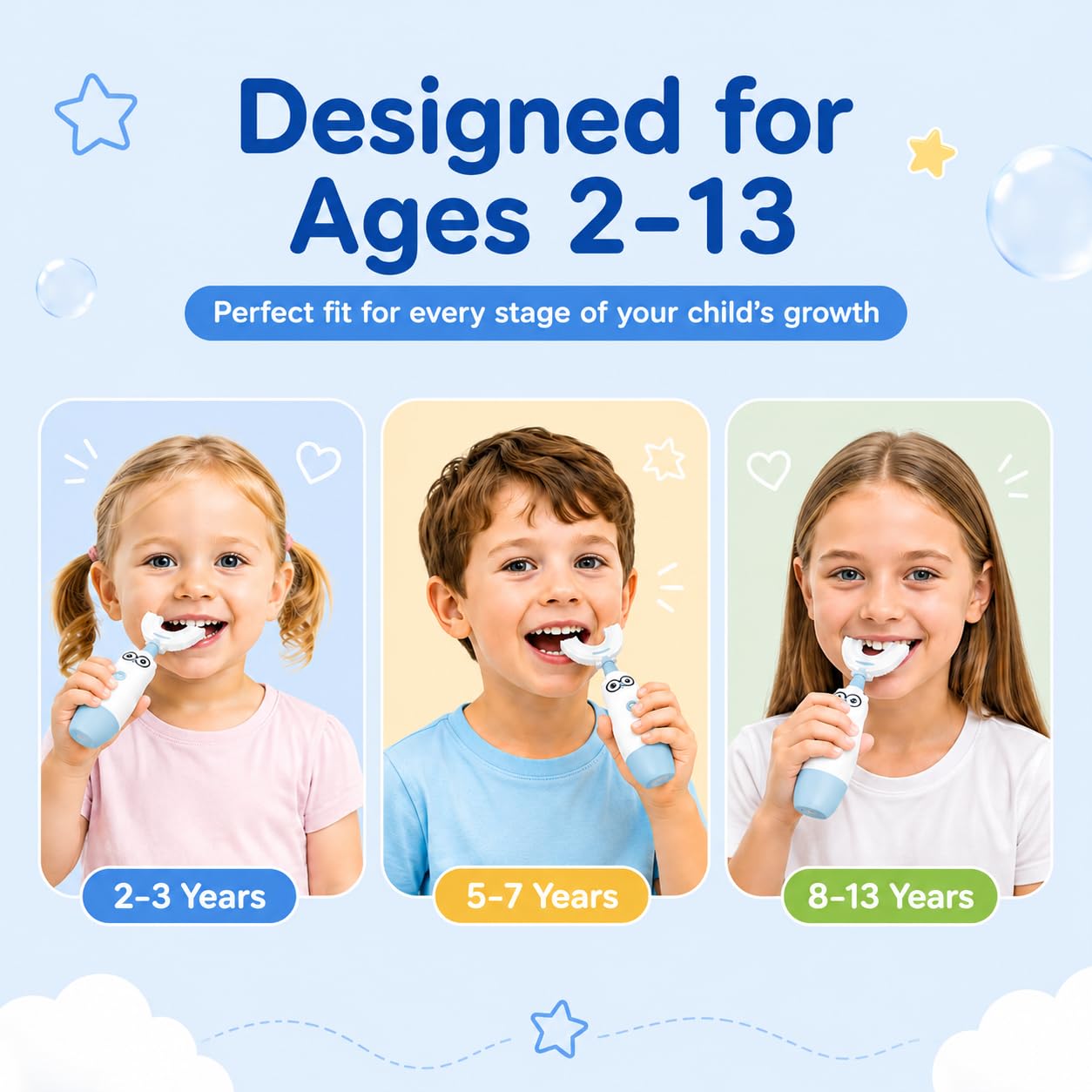Cepillo de dientes eléctrico para niños, cepillo de dientes en forma de U con 3 cabezales, diseño de limpieza de boca completa de dibujos animados de búho, IPX7 impermeable, relleno de