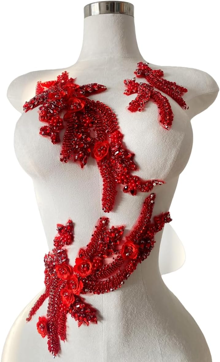 4 PCS Hand-Made Beaded Rhinestons DIY Clothing Appliques Patch Wedding Dress Decoration Three-Dimensional Flower Applique 2 Pairs (Red)