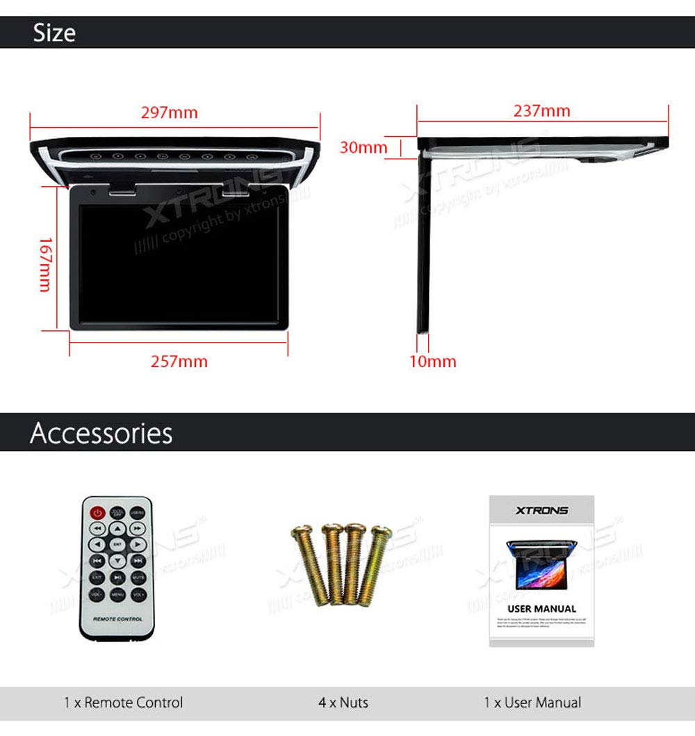 XTRONS Écran TFT numérique de 10,2 Pouces 1080p pour Voiture - Écran Rotatif à 180° - Port HDMI - Contrôle de Porte