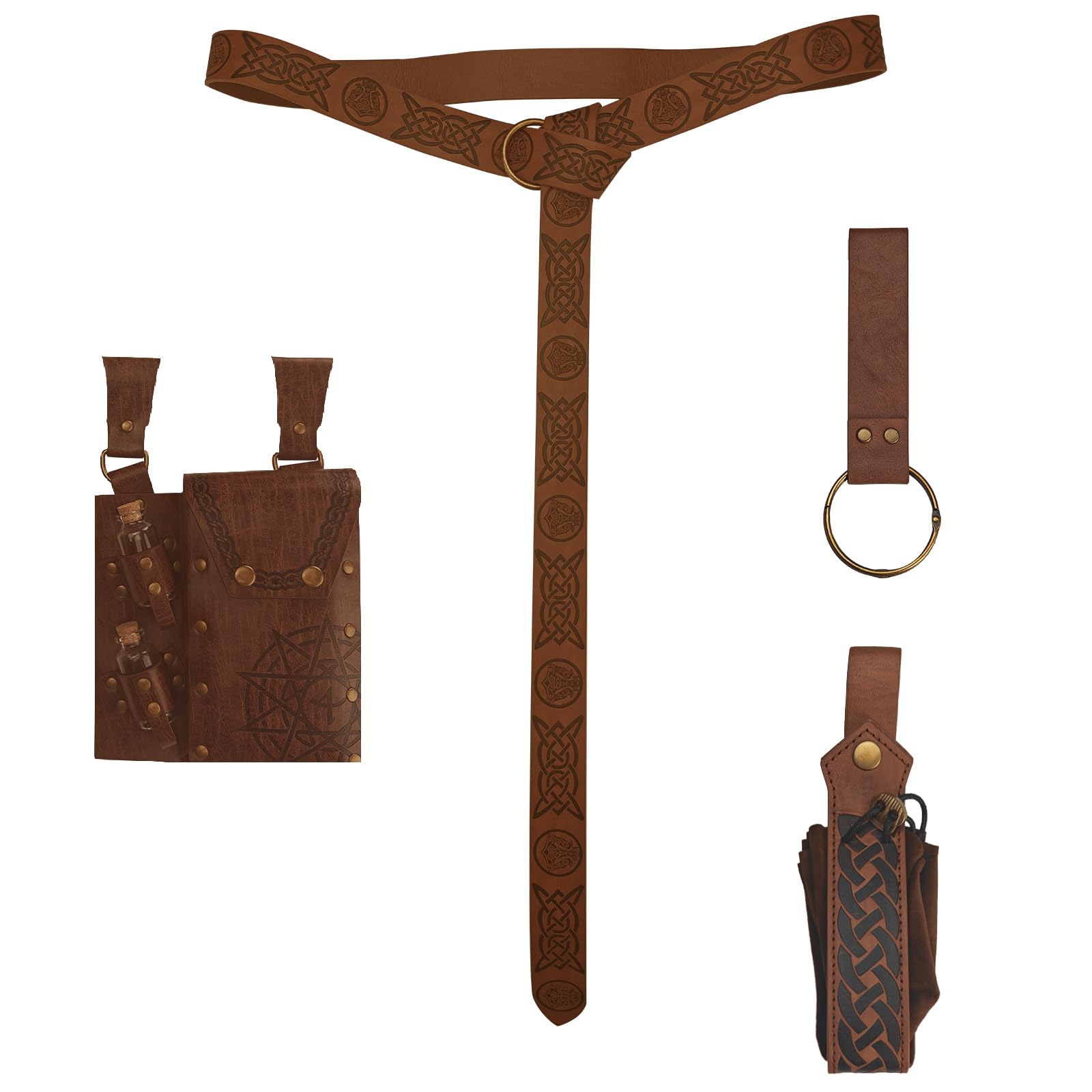 Haohai 4PCS Renaissance Belt Pouch, Medieval Leather Belts Pouch with Potion Bottle, Medieval Festival Costume Accessories for Halloween, Cosplay Accessory Potion Belt With 2 Stoppers (Brown)