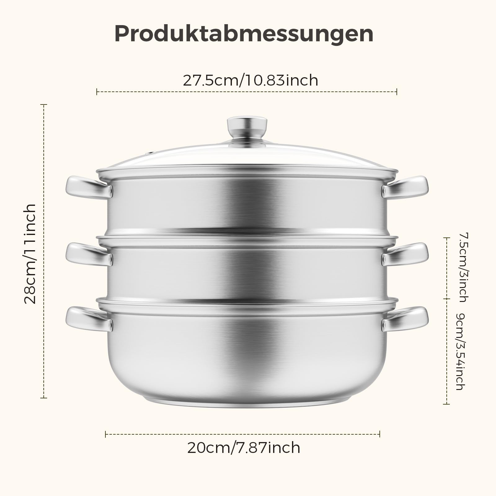 Vaporera para cocinar al vapor, de acero inoxidable de 28 cm, con bandeja de vapor, 3/4/5 niveles con tapa para cocinar verduras, mariscos, sopas, guisos y pasta (tres)