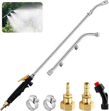 Pump Sprayer Wand with 3 Types of Nozzles, Fan Nozzle Replacement Sprayer Wand, Stainless Steel Sprayer Wand Replacement with 1/4" & 3/8" Brass Barb and 2 Hose Clamps Plastic Handle