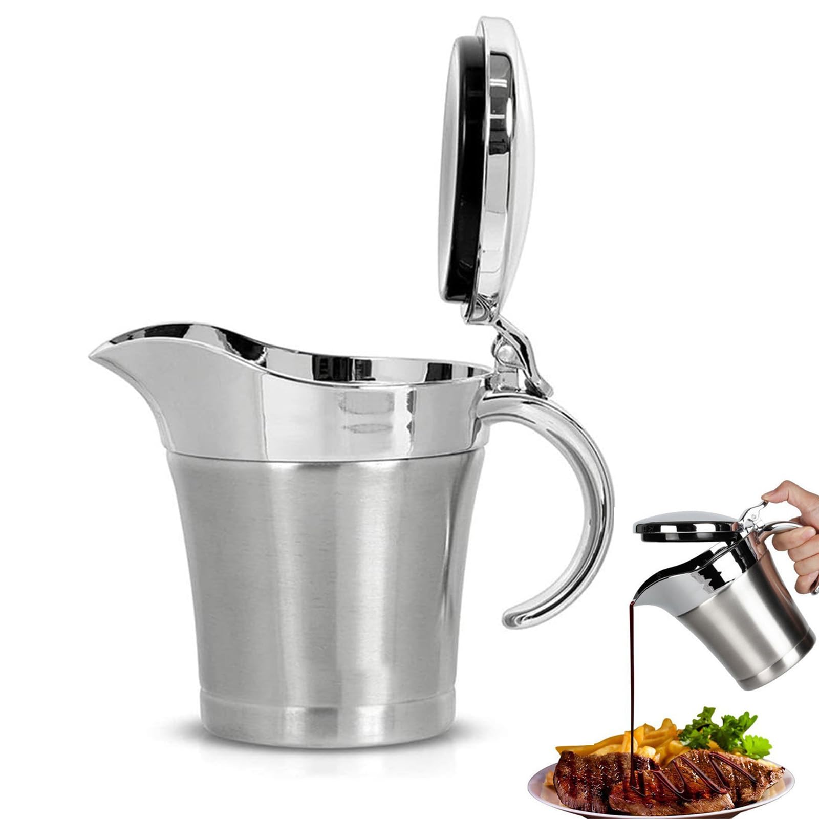 Isolierte Sauciere aus Edelstahl, doppelwandiges Design mit tropffreiem Deckel, 500 ml, ergonomischer Griff zum Servieren von heißen oder kalten Saucen, Milch, Vanillepudding und Sahne