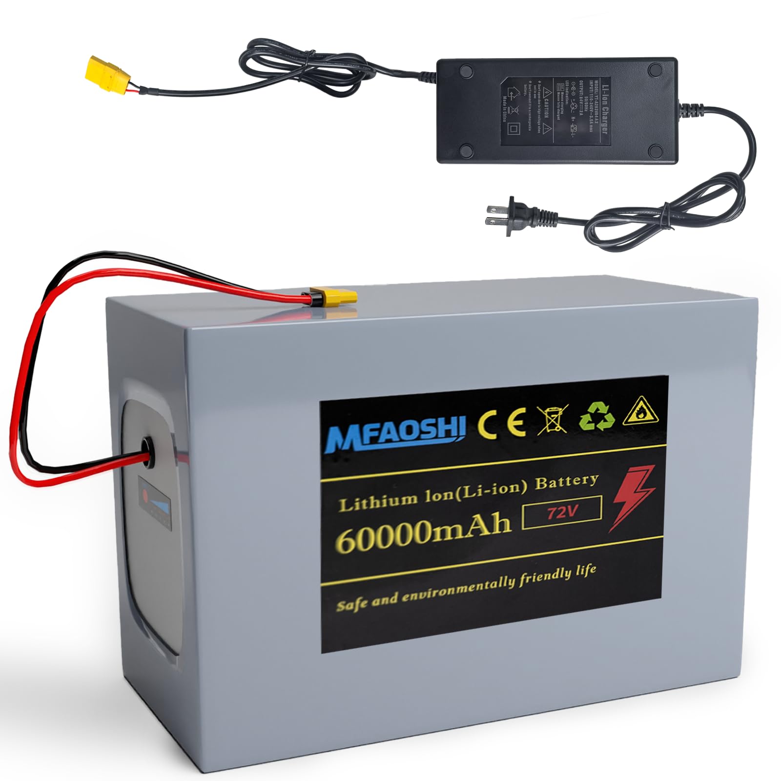 72V 60Ah Lithium Ion E-Bike Battery for 200-3500W E-Bike Motor with LED Battery Indicator, 30A BMS, XT90 Connector, for E-Bike, Motorcycle, Scooter, Go-Kart