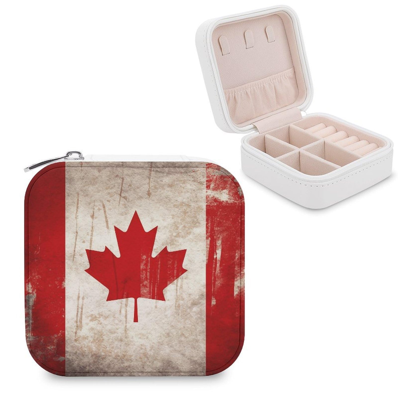 VstaDank Retro Canada Flag Travel Jewelry Case Zipper Portable Small Jewelry Box Custom Pu Leather Mini Traveling Jewelry Organizer for Rings Earrings Necklace Bracelet Girls Women