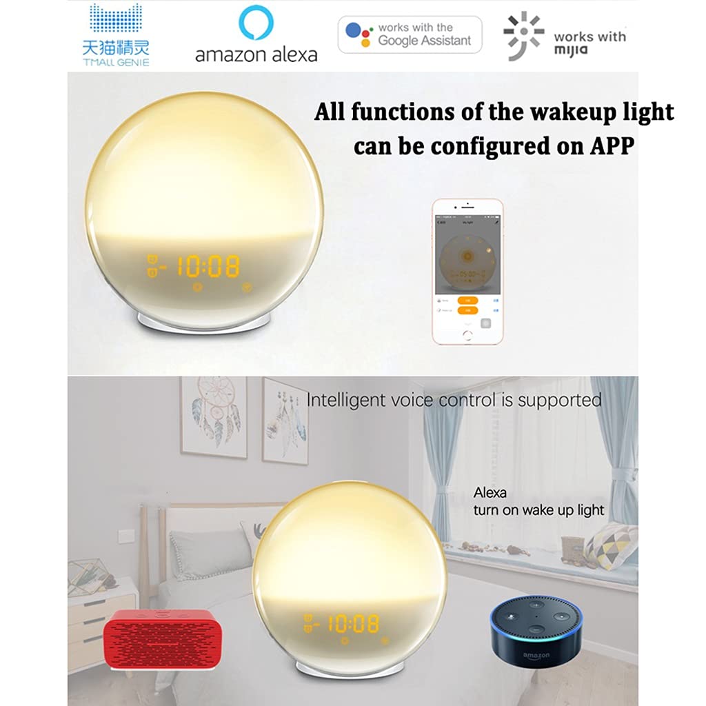 Sveglia WiFi, Luce Sveglia Intelligente, con APP e Controllo Vocale, Luce Notturna Sul Comodino, Compatibile con Alexa Google Home, 4 Sveglie e Funzione Snooze, 2 Pz