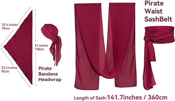 KOTORA Pirate Costume Pirate Head Scarf Bandanas Belt Waist Sash Medieval Belt Pouch Coin Purse Leather Hook Festival Sets