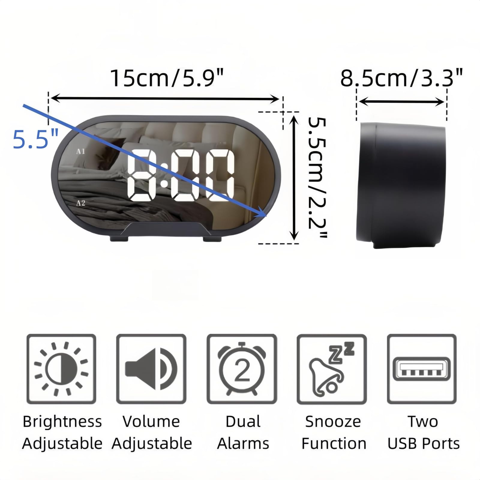 Cyfrowy budzik, Zegary LED z lustrzanym odbiciem, 2 portami ładowania USB, Łatwa funkcja drzemki, Regulowana głośność. (Czarny)(Black)