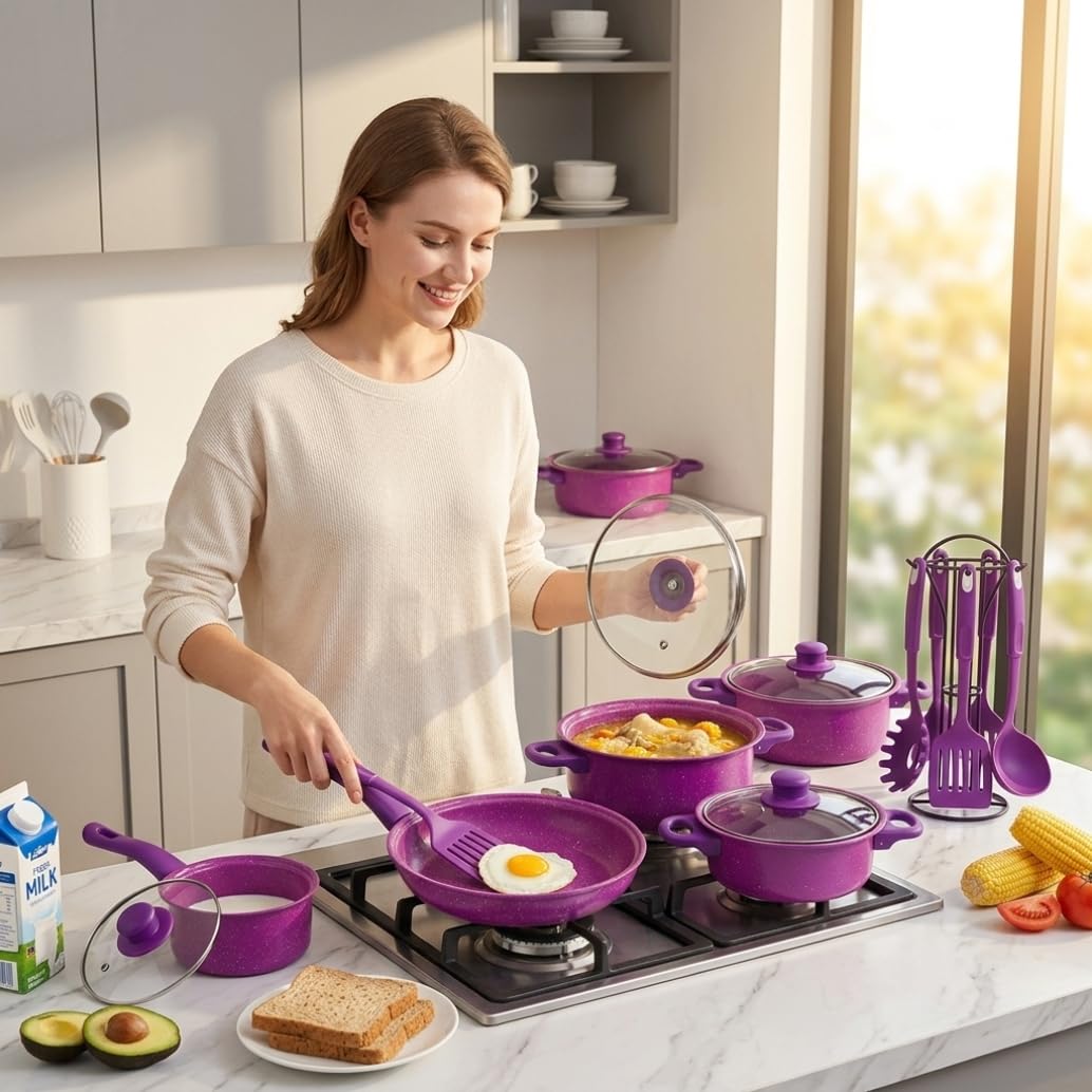 Set di Pentole Antiaderenti, Set di Pentole Antiaderenti da 13 Pezzi, E Padelle con Padella, Pentola per Il Latte E Utensili per La Cucina Casalinga, Viola