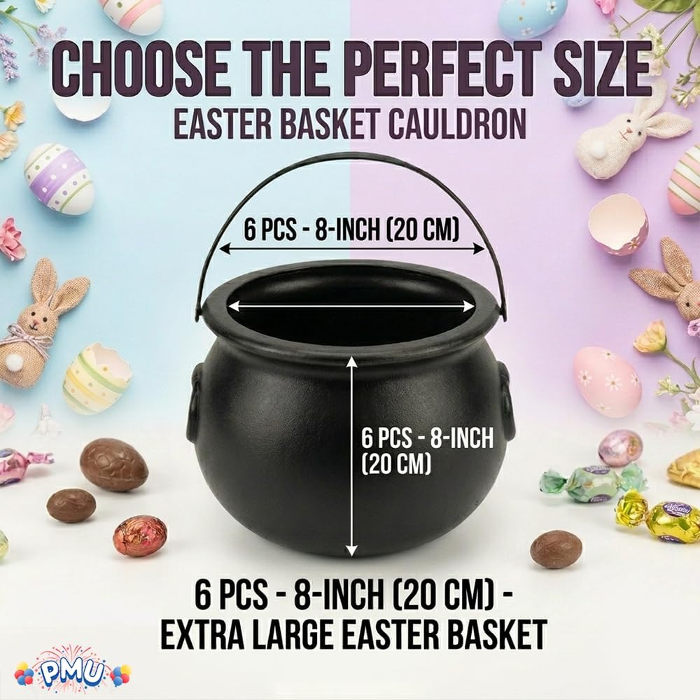 PMU 6 Pcs 8" Cauldron Easter Basket Black Plastic Cauldron Easter Decoration for Home and Party Decoration