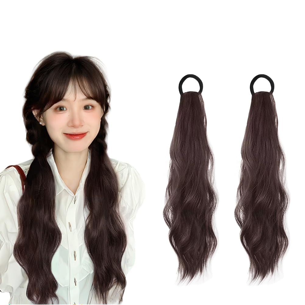 2Pcs 19.7 inch Curly Ponytail Extensions with Elastic Hair Tie Natural Looking Wave Fake Ponytail Wigs Hairpieces for Women (Black)
